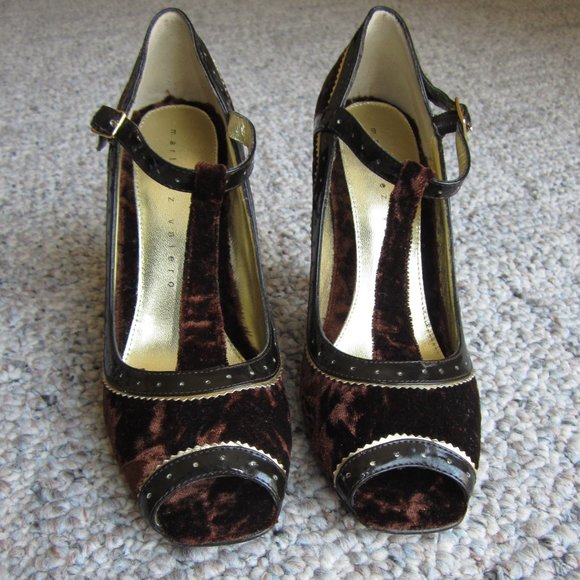 Martinez Valero Velvet Peep Toe Mary Jane Heels - Picture 2 of 14